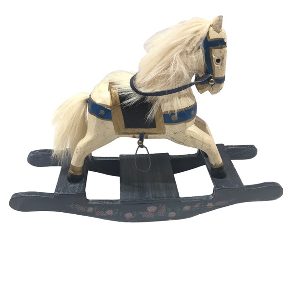 Vintage Shabby Chic Small Wooden Rocking Horse With Real Fur Mane - Picture 3 of 16